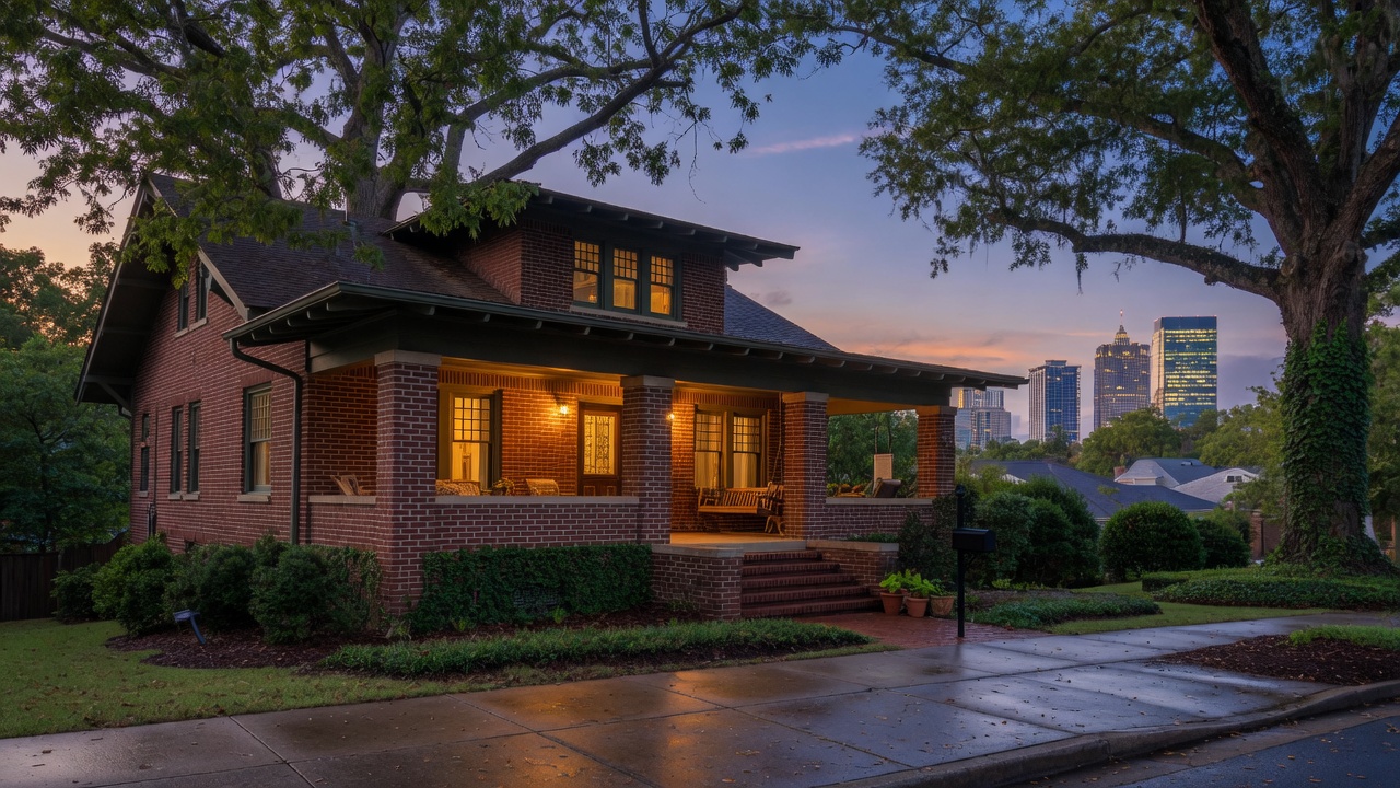 Atlanta home at dusk with professionally installed security