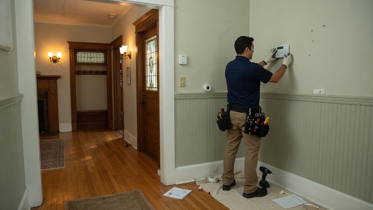 Technician installing a keypad in an Atlanta home